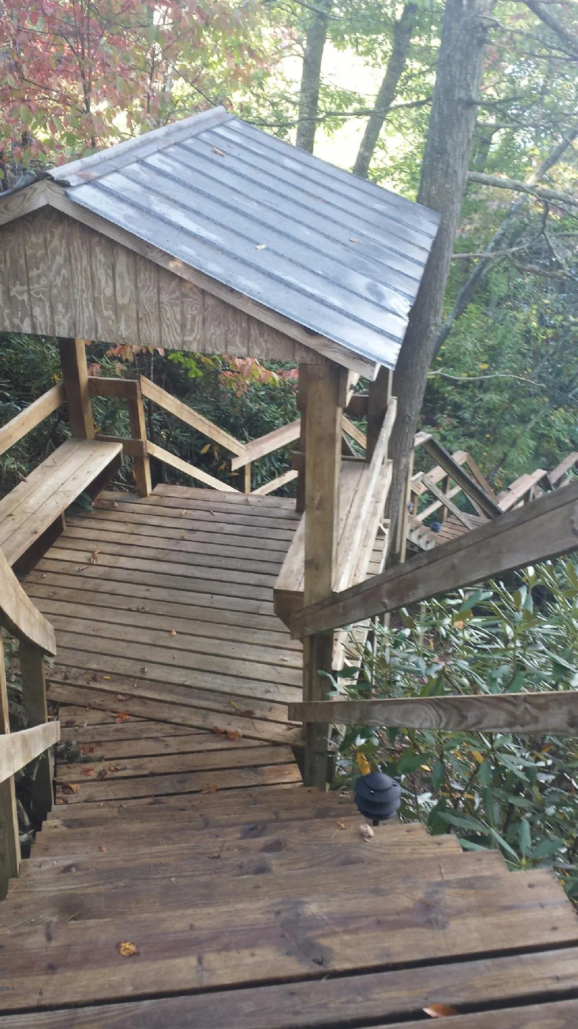 Metal roofed shelter over wooden steps on a wooded walkway — Skylight Repair & Installation work by our crew in Rochester
